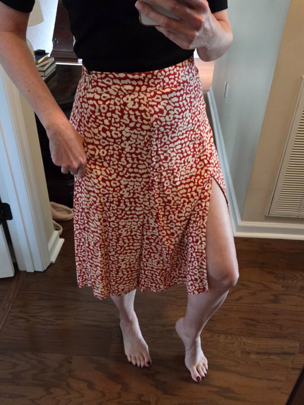 Animal print flared skirt with lining red/cream color